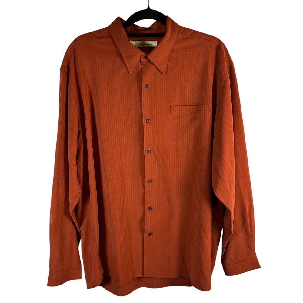 Tommy Bahama Men XL Silk Button Down Shirt Terracotta Orange Striped Long Sleeve